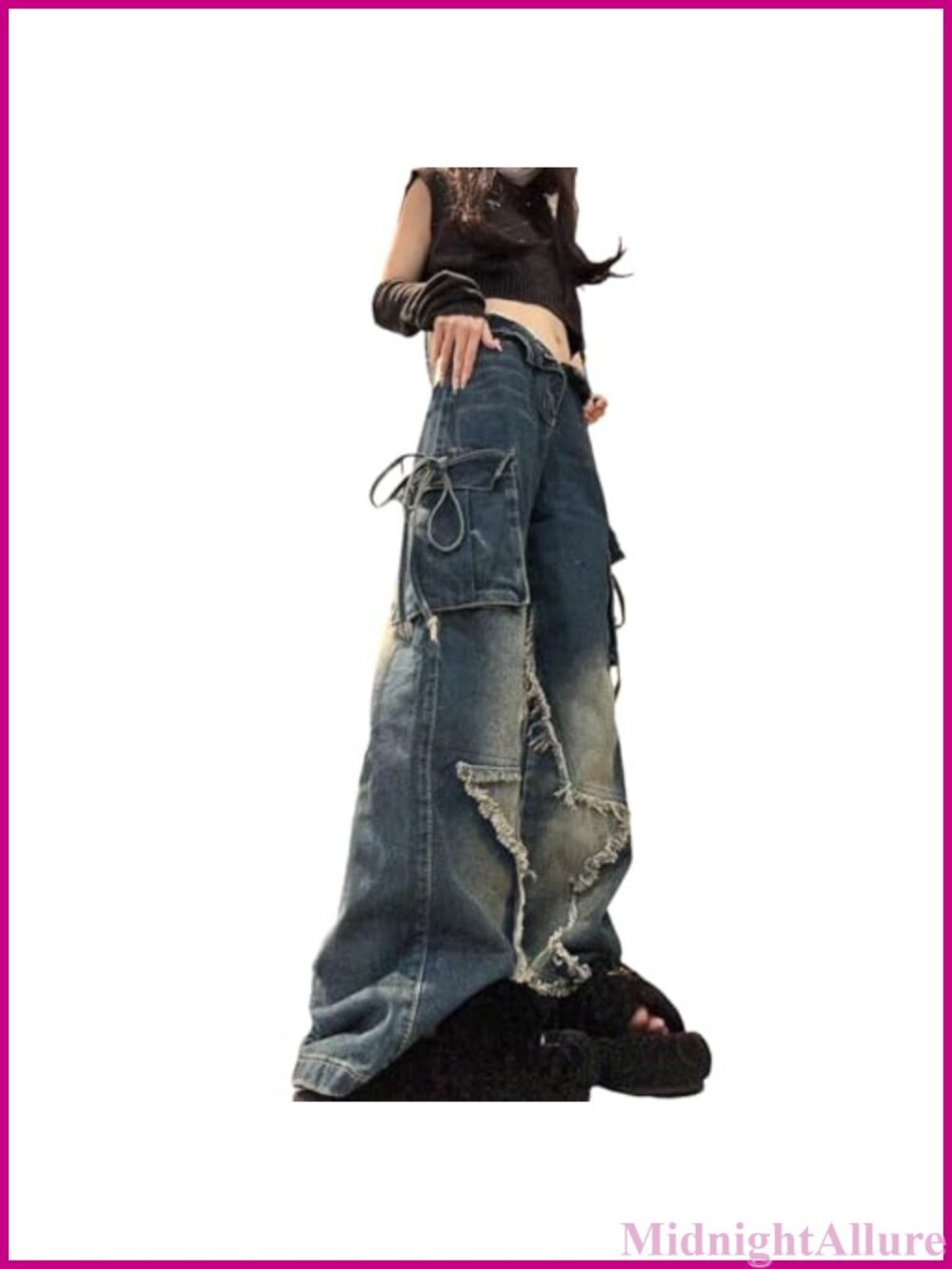 Ethbox Women's High Waisted Wide Leg Jeans Y2K Gothic Multi Pocket